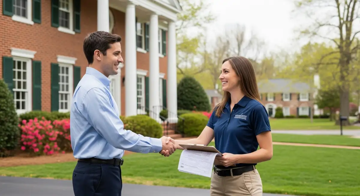 Homeowner meeting with roofing contractor to discuss estimate