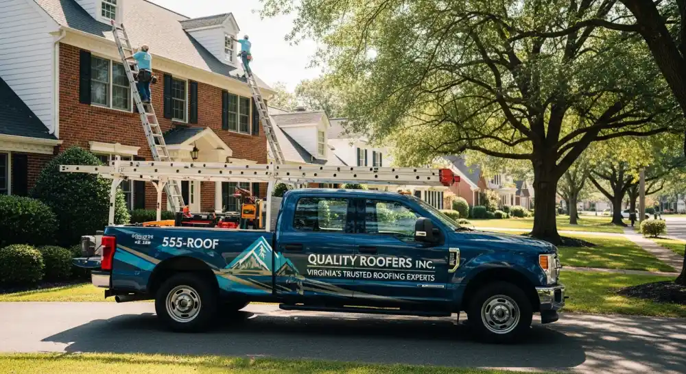 Local roofing company truck and crew at residential job site
