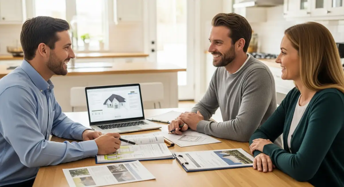 Roofing consultation meeting with contractor explaining roof options