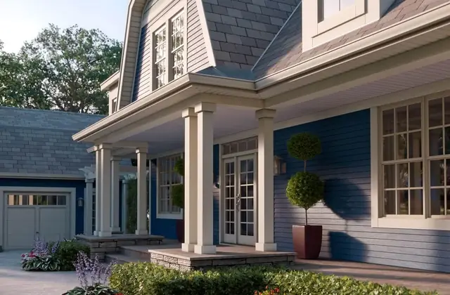 Two-story house with a covered front porch, gabled roof and flower beds